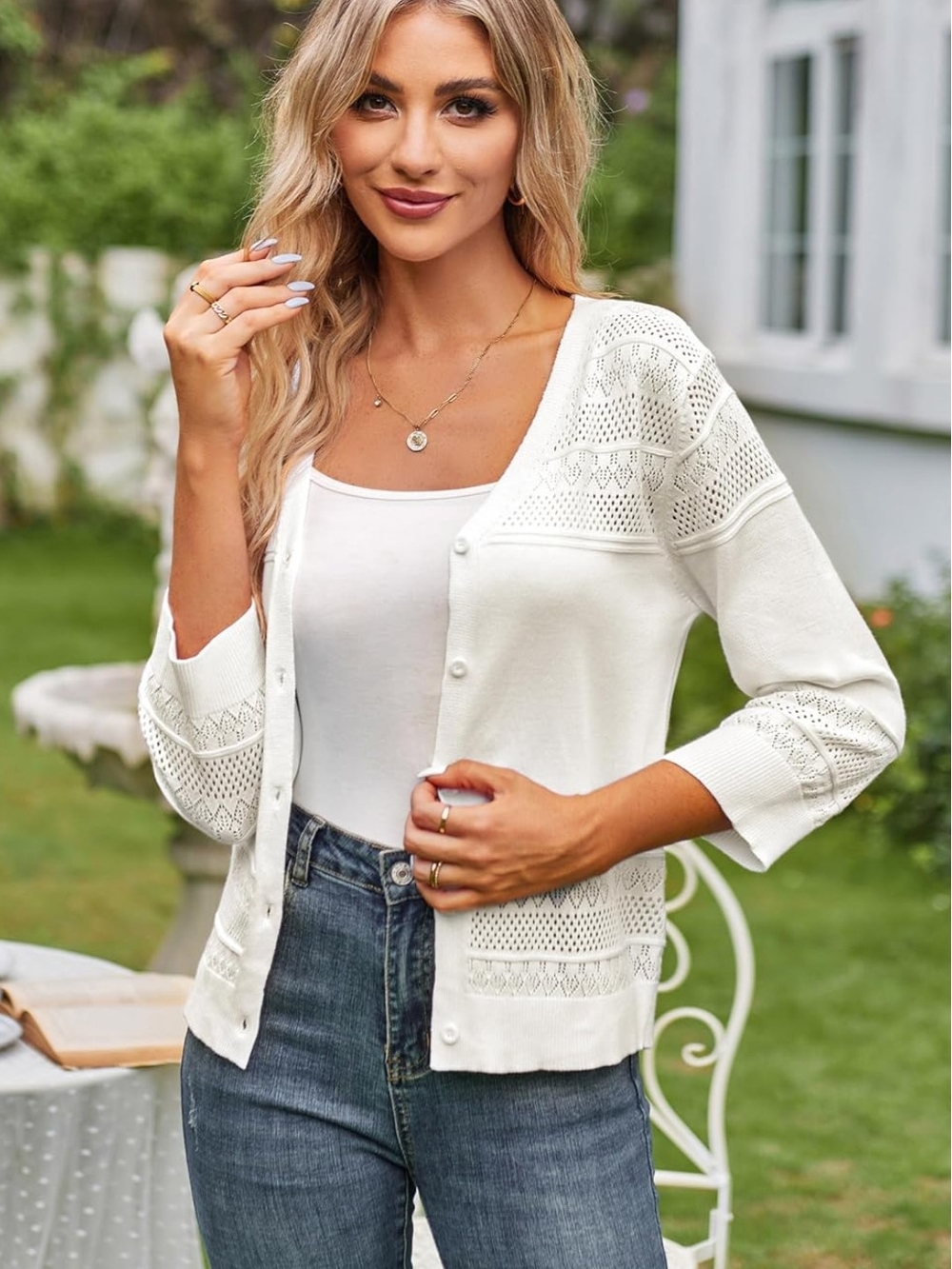 Grace Karin White Openwork Knit Button-Up Cardigan